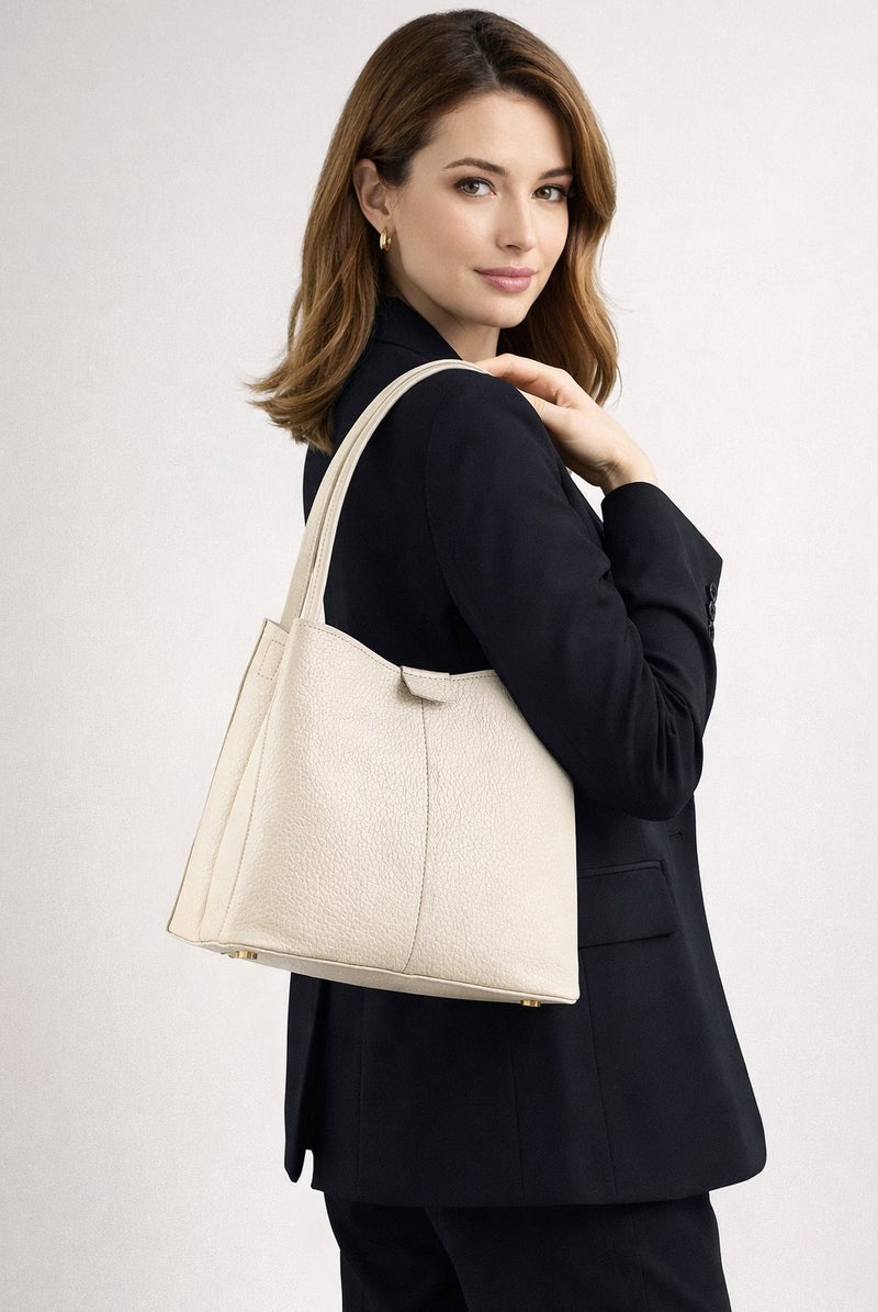 حقيبة يد نسائية فاخرة بنسيج جلدي محبب - تصميم أنيق بمقبض علوي مع 3 أقسام داخلية منظمة (لون كريمي) - Image 2